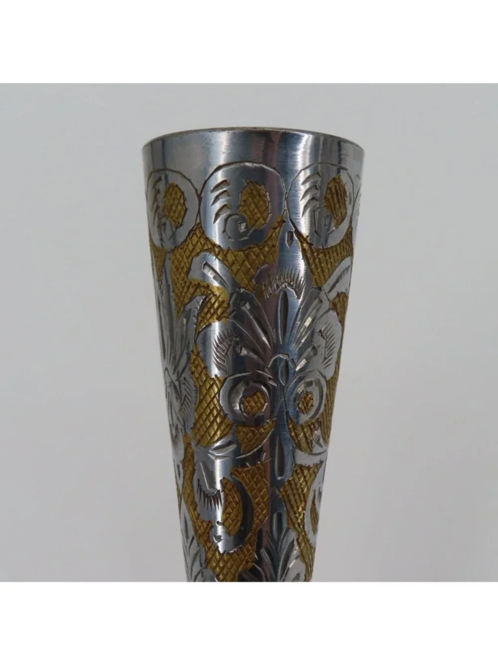 VTG Hand Chased Etched Floral Swag Silver Gold Tone Metal Vase 6.9in Israel Made